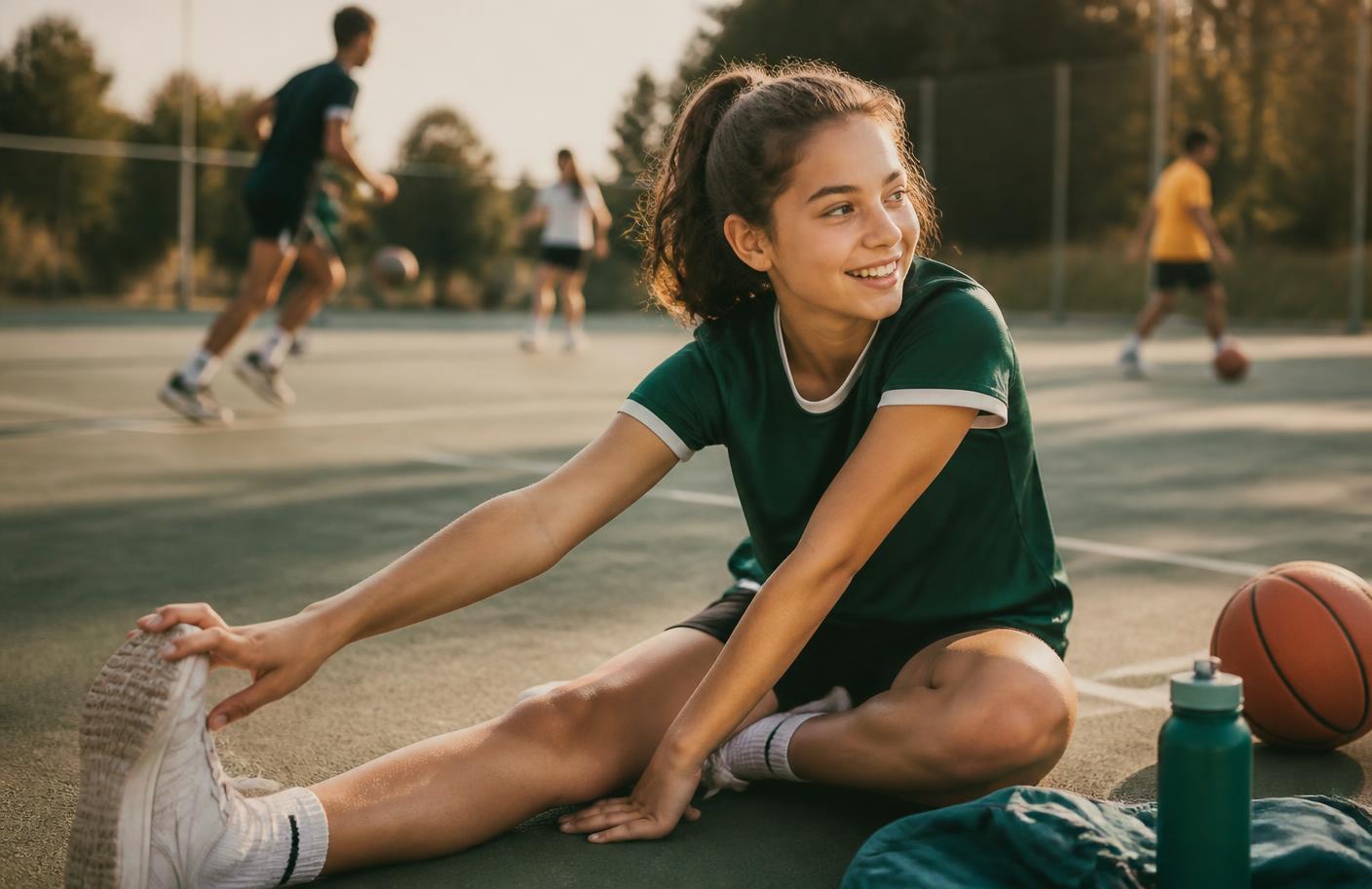 Adolescente alongando-se em uma quadra esportiva ao ar livre
