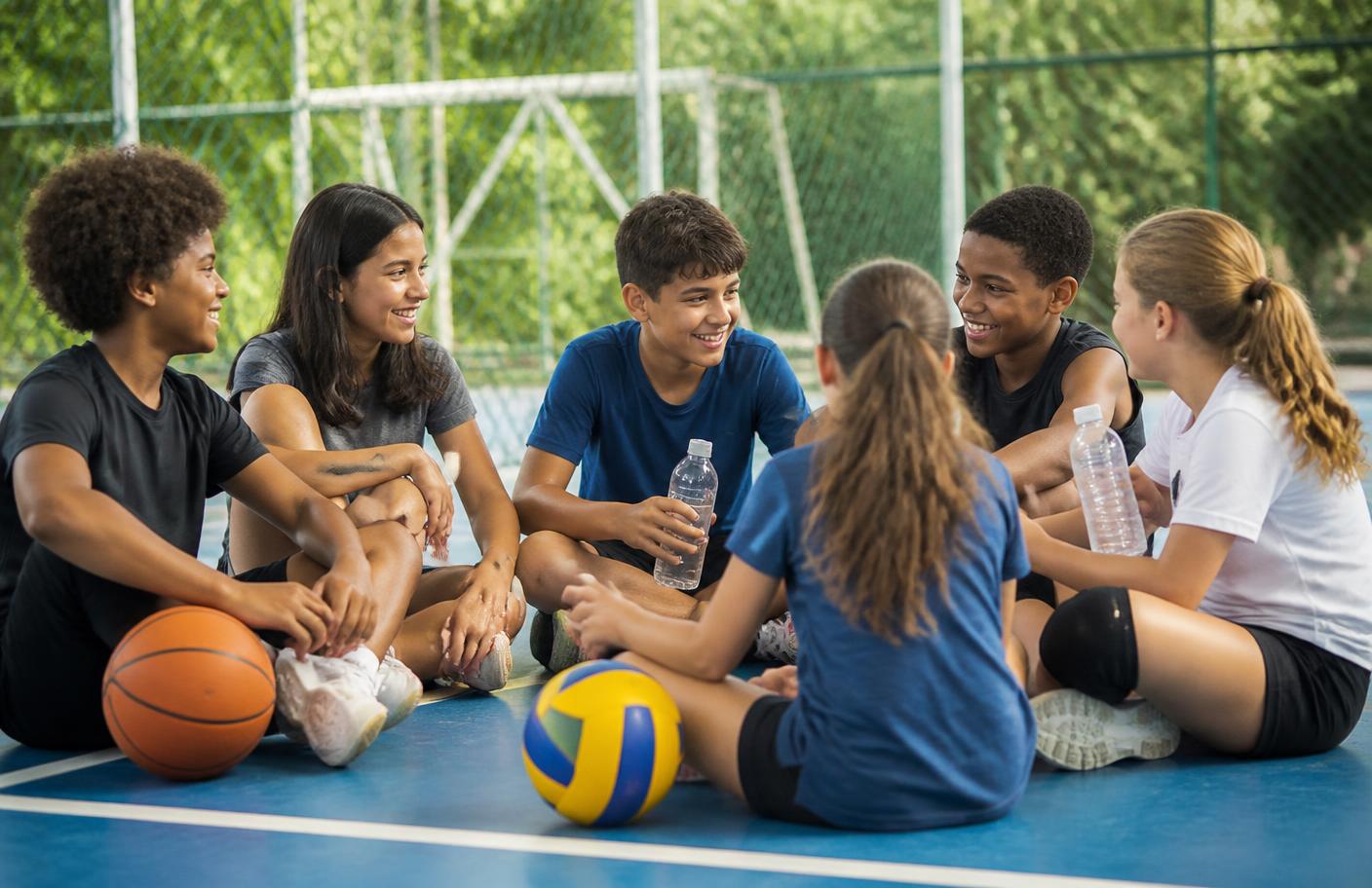 Jovens de diferentes modalidades conversando depois do treino