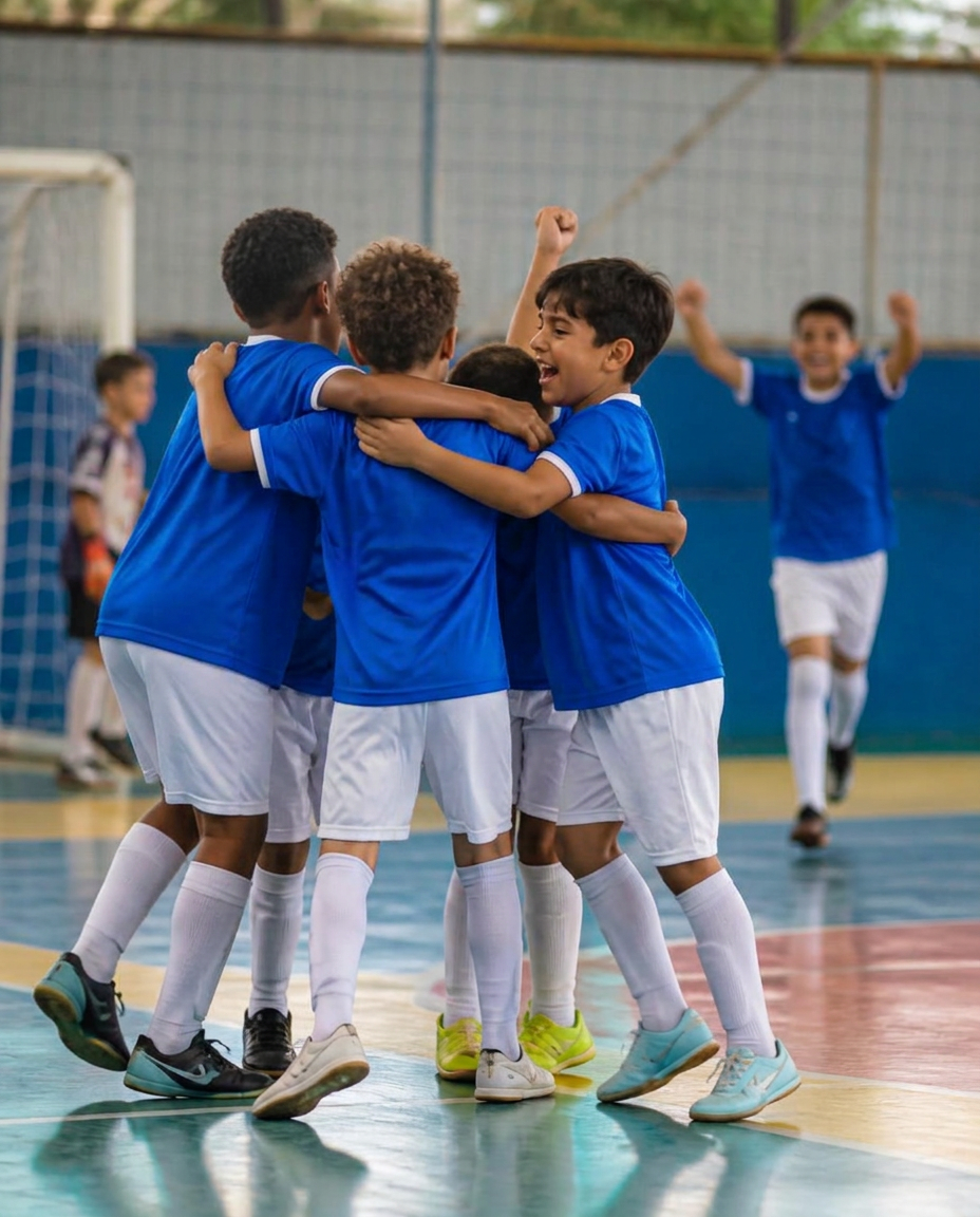 Crianças em uma quadra de futsal abraçadas e comemorando um gol
